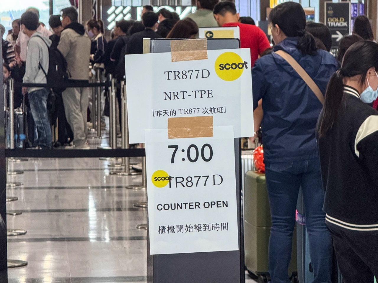 代替便のチェックインに並ぶ乗客